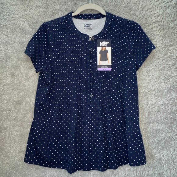 Lands’ End Navy Blue White Polka Dot Pintuck Blouse Classic Casual Preppy XS NWT - Picture 1 of 8